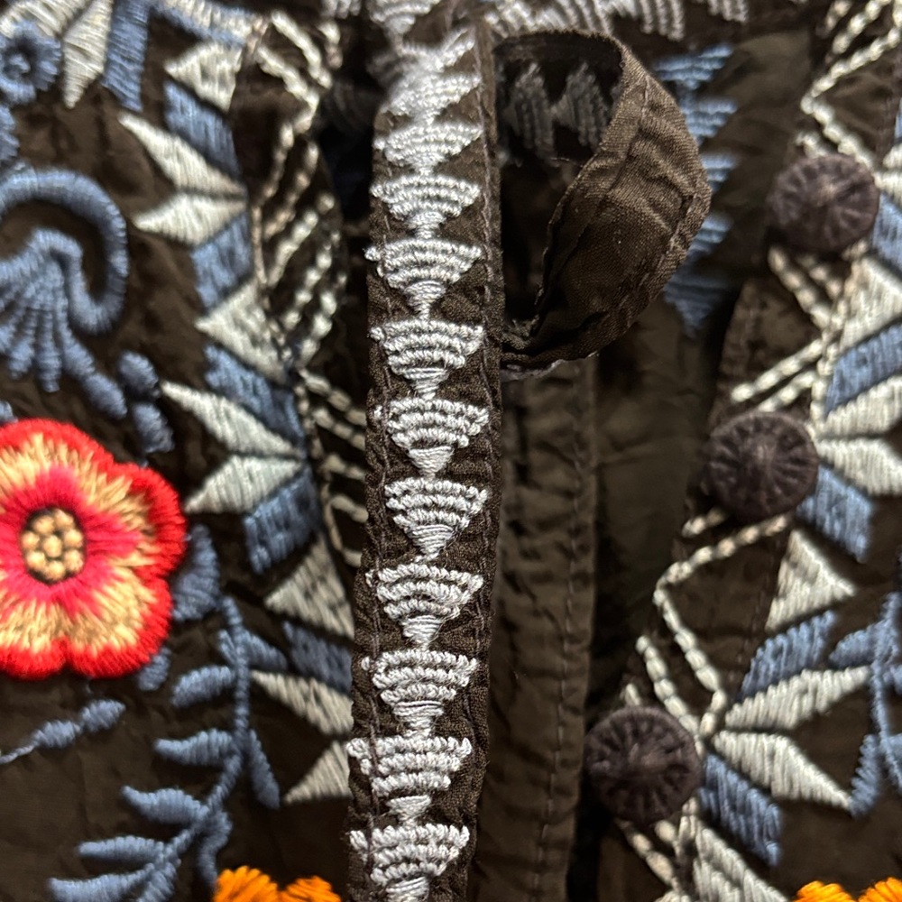Johnny Was Black lightweight Blouse with Multicolor Embroidery XL tie at neck - Picture 12 of 15